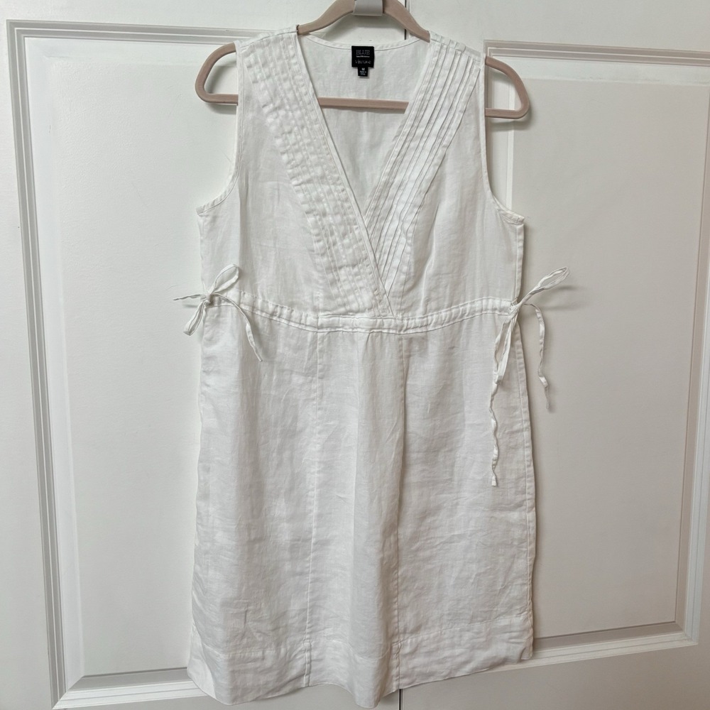 Saks Fifth Avenue Linen Dress Women M White Pintuck Pinafore Vacation Resort